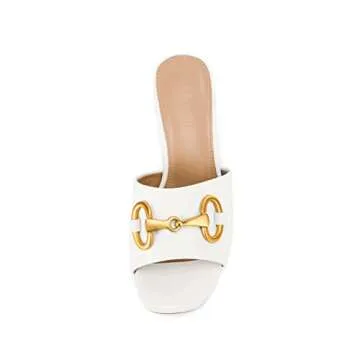Coutgo Women's Slide Sandals Square Open Toe Slip on Comfortable Mules Block Low Heel Metal Chain Dressy Shoes,White,Size 11
