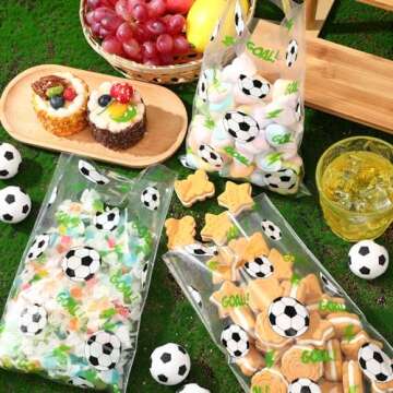 Cholemy 100 Pcs Soccer Treat Bags with Handles Clear Soccer Snack Candy Goodie Bags Plastic Sport Party favors for Team Game Birthday Party Supplies, 6.3 x 9.8 Inch