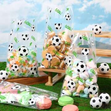 Cholemy 100 Pcs Soccer Treat Bags with Handles Clear Soccer Snack Candy Goodie Bags Plastic Sport Party favors for Team Game Birthday Party Supplies, 6.3 x 9.8 Inch