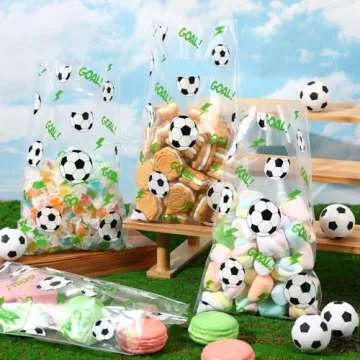 Cholemy 100 Pcs Soccer Treat Bags with Handles Clear Soccer Snack Candy Goodie Bags Plastic Sport Party favors for Team Game Birthday Party Supplies, 6.3 x 9.8 Inch
