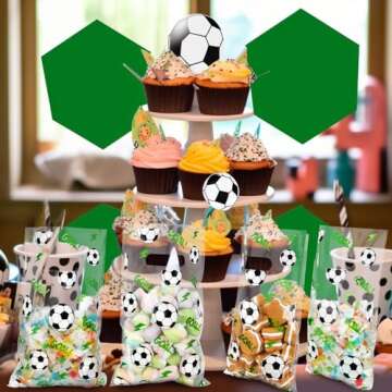 Cholemy 100 Pcs Soccer Treat Bags with Handles Clear Soccer Snack Candy Goodie Bags Plastic Sport Party favors for Team Game Birthday Party Supplies, 6.3 x 9.8 Inch