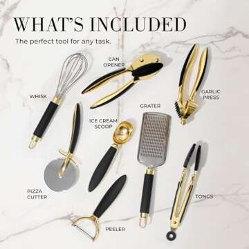 Black and Gold Kitchen Utensils - Luxe 8-Piece Gold Kitchen Tools Set with Can Opener, Pizza Cutter,...