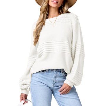 ANRABESS Womens Crew Neck Long Lantern Sleeve Crochet Sweater for Fall