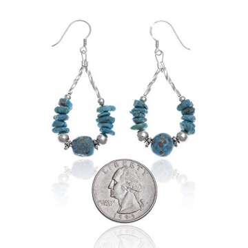 $90Tag Natural Turquoise Silver Certified Navajo Native Dangle Earrings 18153 Made By Loma Siiva