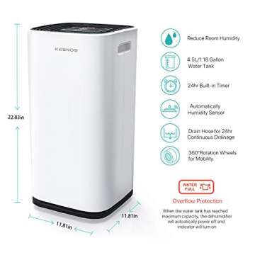 Kesnos 4500 Sq. Ft Dehumidifier for Home and Basements, with Drain Hose, Timer, Child Lock, Update Version
