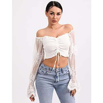 L'VOW Women's Sexy Off Shoulder Crop Top See-Through Puff Lace Sleeve Tie Front Pleated Blouse(White,Small)