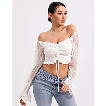 L'VOW Women's Sexy Off Shoulder Crop Top See-Through Puff Lace Sleeve Tie Front Pleated Blouse(White,Small)