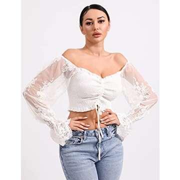 L'VOW Women's Sexy Off Shoulder Crop Top See-Through Puff Lace Sleeve Tie Front Pleated Blouse(White,Small)