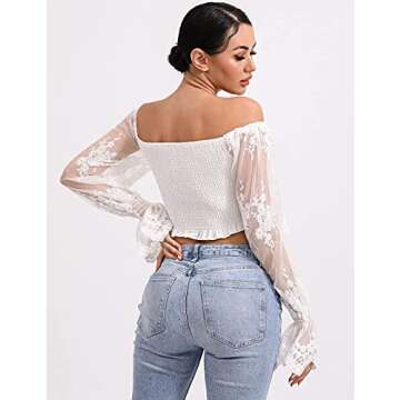 L'VOW Women's Sexy Off Shoulder Crop Top See-Through Puff Lace Sleeve Tie Front Pleated Blouse(White,Small)