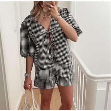 Yuemengxuan Women Y2k Two Piece Plaid Lounge Sets Puff Sleeve Tie front Blouse Top High Waist Shorts Casual Pajamas Sets (Black #Q2B, L)