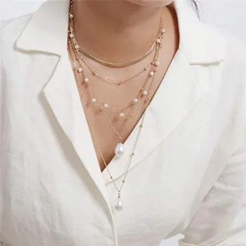 fxmimior Boho Gold Layered Necklace with Pearls