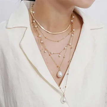 fxmimior Boho Gold Layered Necklace with Pearls
