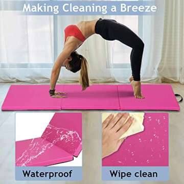 Gymnastics Mat for Kids Adults, Folding Extra Thick Tumbling Mats for Home Gym, 6’x2’ Anti-Tear Lightweight Exercise Mat with Carrying Handles, Crash Panel Mat, Pink