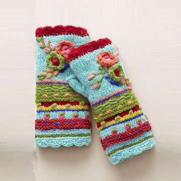 UpdateClassic Vintage Multicolor Knitted Gloves With Floral Fingerless Gloves Knit Gloves For Girls Women Warm Hand Warmers