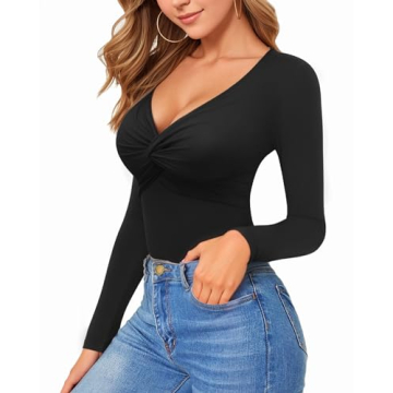 MANGOPOP Women’s Deep V Neck Twist Bodysuit