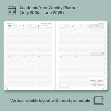 POPRUN Planner 2024-2025 (6.5'' x 8.5'') Academic Year Calendar (July 2024 - June 2025) with Hourly Time Slots, 2024 Weekly Planner for time Management, Leather Soft Cover - Pacific Green