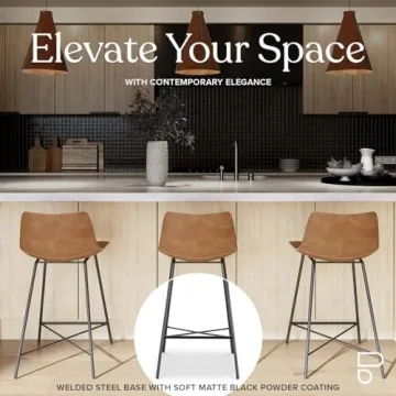 Poly and Bark Counter Stool 24 inches - Counter Height Bar Stools Set of 3 - Sturdy Kitchen Stools with Backs - Comfortable Bar Chair - Modern Countertop-High Chairs, Kitchen Island Barstools – Tan