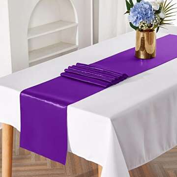 YUHX Pack of 10 Satin Table Runner 12 x 108 Inches Long,Purple Table Runners for Wedding, Birthday Parties, Banquets Decorations（Purple,10 Pack）