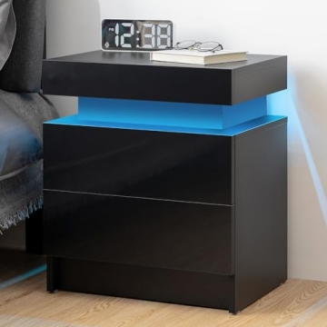 HOMMPA LED Nightstand Black Nightstand with Led Lights Modern Night Stand with 2 High Gloss Drawers ...