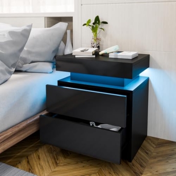 Modern HOMMPA LED Nightstand with Remote & Drawers
