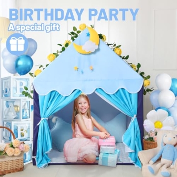 Wilwolfer Kid Tent with Mat, Star Lights - Kids Play Tents for Toddlers Kids Tents Indoor Playhouse - Princess Tent for Girls Toy House Gift (Blue with Cloth)