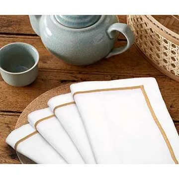 White Napkins with Gold Trim, Gold Napkin Set of 4, 100% Pure Cotton, Cloth for Hotels, Weddings, Cotton Table - Reusable Washable - Lunch Dinner Party Celebration Decorative Napkin 18x18