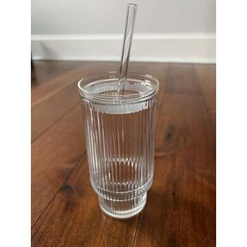 All Glass Ribbed Iced Coffee Cup with Lid and Straw, Glass Tumbler Set of 2 (16 oz)