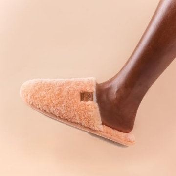 EverFoams Women's Fuzzy Slip-on Slippers Warm Cozy Soft Lightweight Memory Foam Indoor House Shoes Peach, 7-8 US