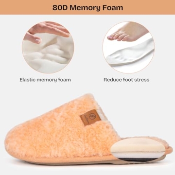 EverFoams Women's Fuzzy Slip-on Slippers Warm Cozy Soft Lightweight Memory Foam Indoor House Shoes Peach, 7-8 US