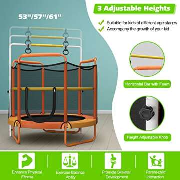 Goplus 60 Inch Kids Trampoline with Safety Enclosure Net, 330 LBS 3-in-1 Mini Trampoline w/Swinging Rings, Heights Adjustable Horizontal Bar, 5 FT Indoor Outdoor Toddler Recreational Trampoline