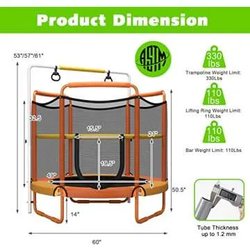 Goplus 60 Inch Kids Trampoline with Safety Enclosure Net, 330 LBS 3-in-1 Mini Trampoline w/Swinging Rings, Heights Adjustable Horizontal Bar, 5 FT Indoor Outdoor Toddler Recreational Trampoline