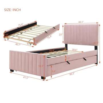 LOONGYOON Twin Size Velvet Upholstered Platform Bed Frame with Twin Size Trundle Stripe Design Headb...