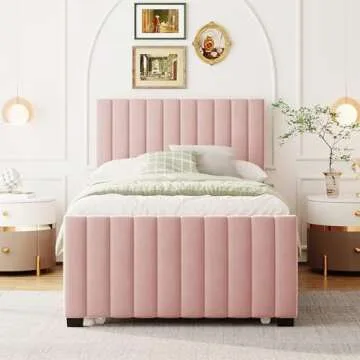 LOONGYOON Twin Size Velvet Upholstered Platform Bed Frame with Twin Size Trundle Stripe Design Headboard for Bedroom No Box Spring Needed No Noise Strong Wooden Slats Support Easy to Assemble Pink