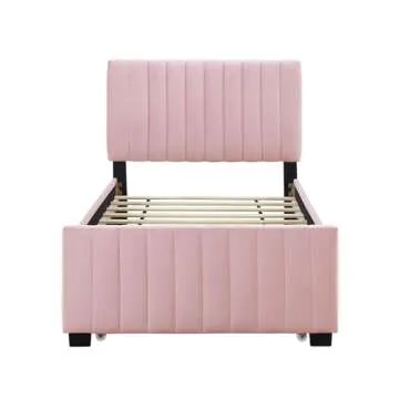 LOONGYOON Twin Size Velvet Upholstered Platform Bed Frame with Twin Size Trundle Stripe Design Headboard for Bedroom No Box Spring Needed No Noise Strong Wooden Slats Support Easy to Assemble Pink