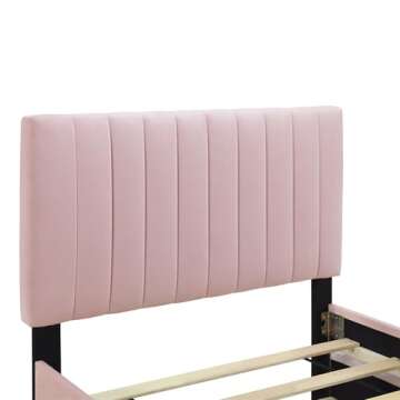 LOONGYOON Twin Size Velvet Upholstered Platform Bed Frame with Twin Size Trundle Stripe Design Headboard for Bedroom No Box Spring Needed No Noise Strong Wooden Slats Support Easy to Assemble Pink