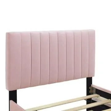 LOONGYOON Twin Size Velvet Upholstered Platform Bed Frame with Twin Size Trundle Stripe Design Headboard for Bedroom No Box Spring Needed No Noise Strong Wooden Slats Support Easy to Assemble Pink