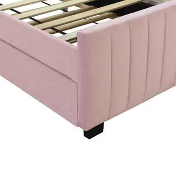 LOONGYOON Twin Size Velvet Upholstered Platform Bed Frame with Twin Size Trundle Stripe Design Headboard for Bedroom No Box Spring Needed No Noise Strong Wooden Slats Support Easy to Assemble Pink