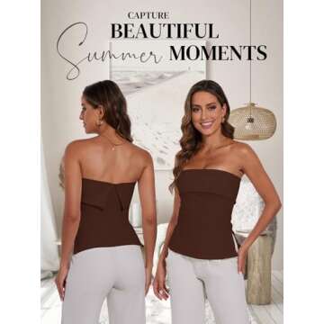 Strapless Tube Tops for Women Backless Going Out Bandeau Top Sexy Trendy Off Shoulder Side Split Summer Bustier Tops Brown