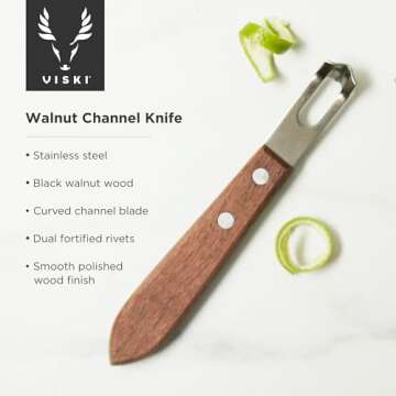 Viski Channel Knife - Elegant Citrus Zester with Wood Handle for Home Bartenders
