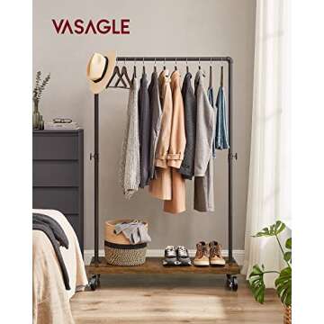 VASAGLE Clothes Rack, Heavy Duty Clothing Rack, Industrial Pipe Style Rolling Garment Rack with Shel...