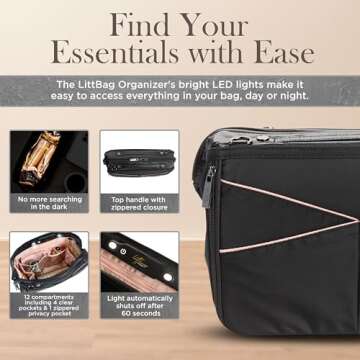 Littbag Handbag Organizer with Patented LED & Auto 60-sec Shutoff - Featured in Oprah's Favorite Things – Purse Organizer with 12 Compartments, Clear Pockets, Zippered Privacy Pocket & More (Blush)