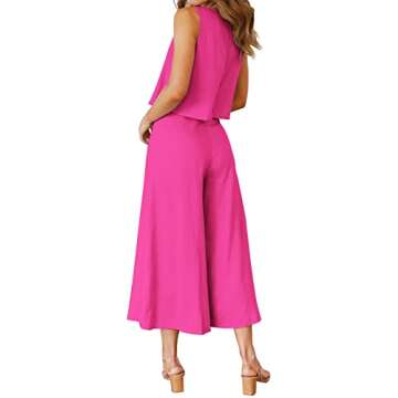 ROYLAMP Women's Summer 2 Piece Outfits Round Neck Crop Basic Top Cropped Wide Leg Pants Set Jumpsuits Rose Red XS