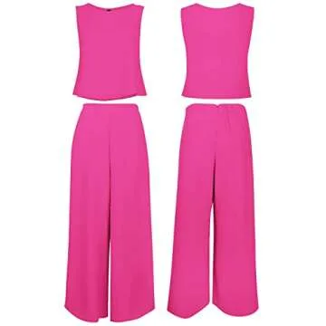 ROYLAMP Women's Summer 2 Piece Outfits Round Neck Crop Basic Top Cropped Wide Leg Pants Set Jumpsuits Rose Red XS