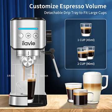 ILAVIE 20Bar Espresso Machine, Espresso Coffee Maker With Steamer for Cappuccino, Latte, Espresso Machines for Home Use, 1000ML Removable Water Tank, Stainless Steel
