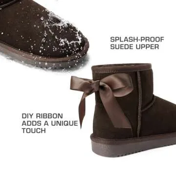 DREAM PAIRS Snow Boots for Women Genuine Suede Faux Fur Lining Water Resistant Anti-Slip Warm Winter Booties Slip On Memory Foam Comfort Ankle Boots FuzzyClassicⅡ Low Boots,Size 6.5,Brown,SDSB2432W