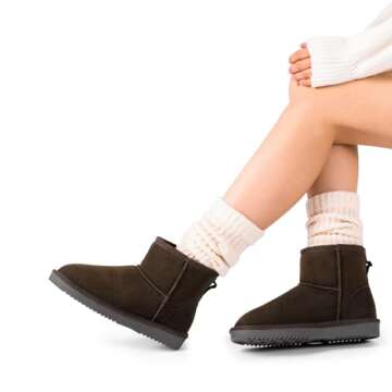 DREAM PAIRS Snow Boots for Women Genuine Suede Faux Fur Lining Water Resistant Anti-Slip Warm Winter Booties Slip On Memory Foam Comfort Ankle Boots FuzzyClassicⅡ Low Boots,Size 6.5,Brown,SDSB2432W