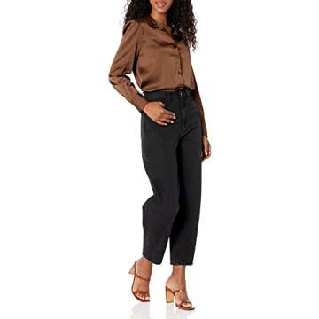 The Drop Women's @Lucyswhims Long-Sleeve Button Down Stretch Satin Shirt, Coffee Bean, Medium
