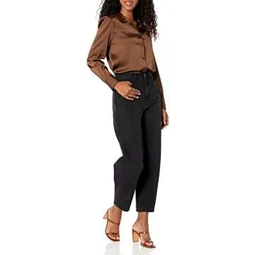 The Drop Women's @Lucyswhims Long-Sleeve Button Down Stretch Satin Shirt, Coffee Bean, Medium