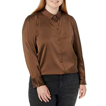 The Drop Women's @Lucyswhims Long-Sleeve Button Down Stretch Satin Shirt, Coffee Bean, Medium