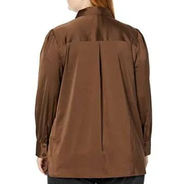 The Drop Women's @Lucyswhims Long-Sleeve Button Down Stretch Satin Shirt, Coffee Bean, Medium